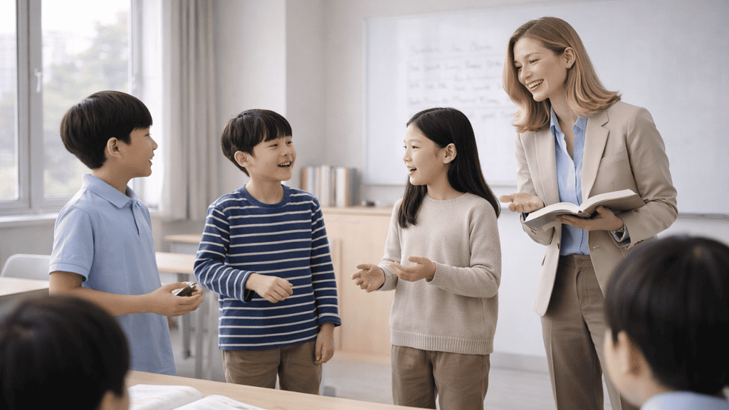 基隆岑英美語劍橋英語口說課程教學情境，專業老師引導學生進行溝通練習