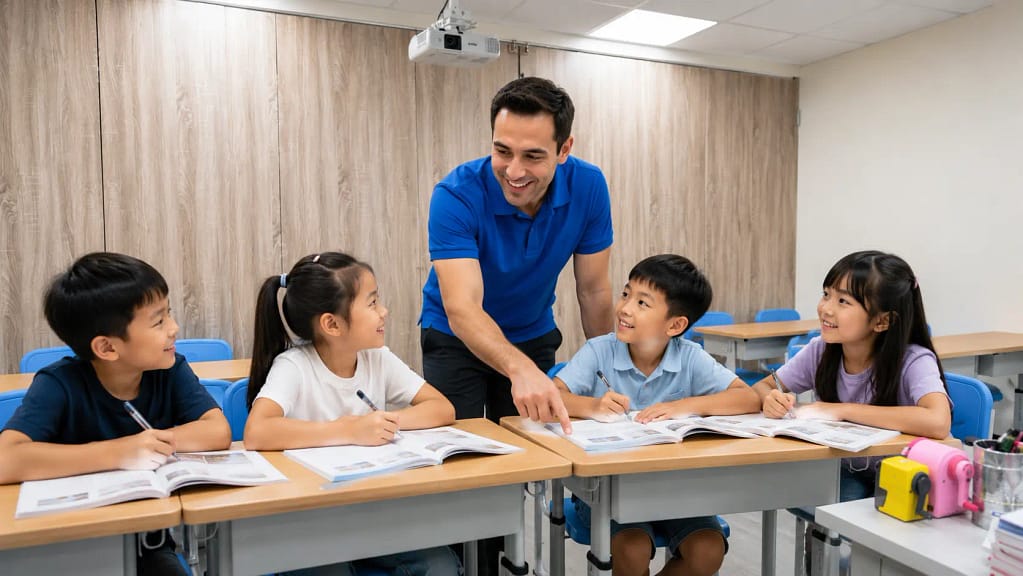 岑英美語教室中,小學生在老師帶領下學習劍橋英語