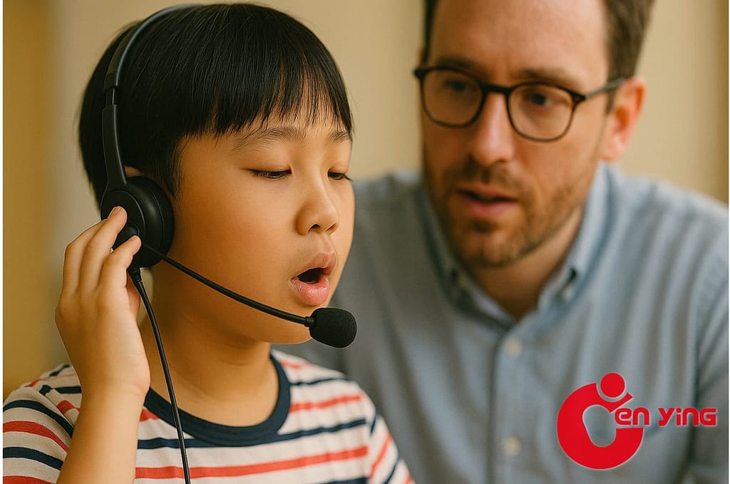 孩子專注練習英語發音