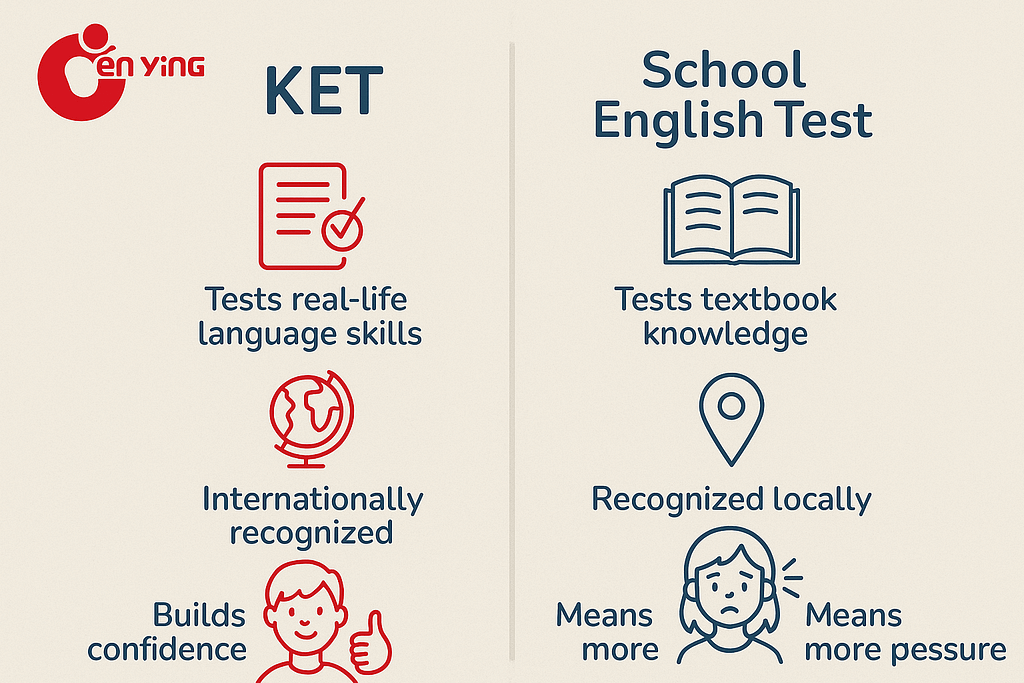 Key for Schools (KET)與學校英文考試的比較圖，強調實用英文與壓力差異