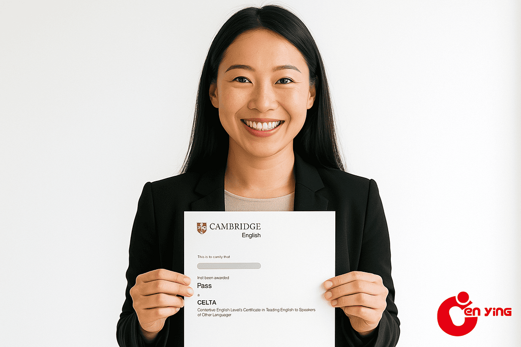 CELTA graduate smiling and holding their Cambridge certificate.
