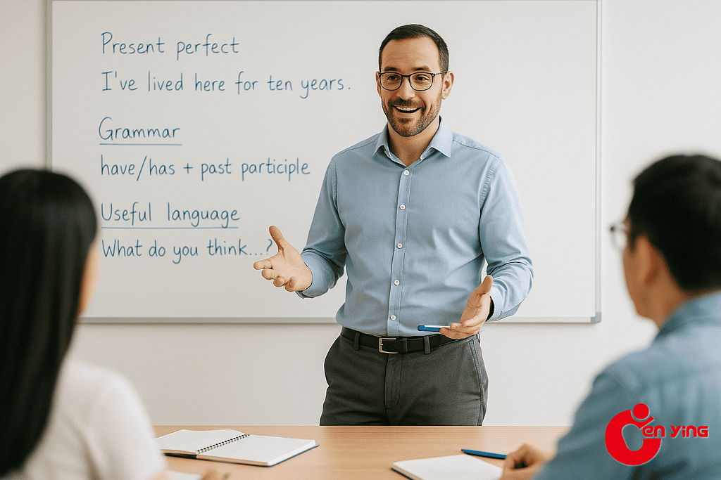 Cambridge CELTA tutor explaining lesson planning on a whiteboard.