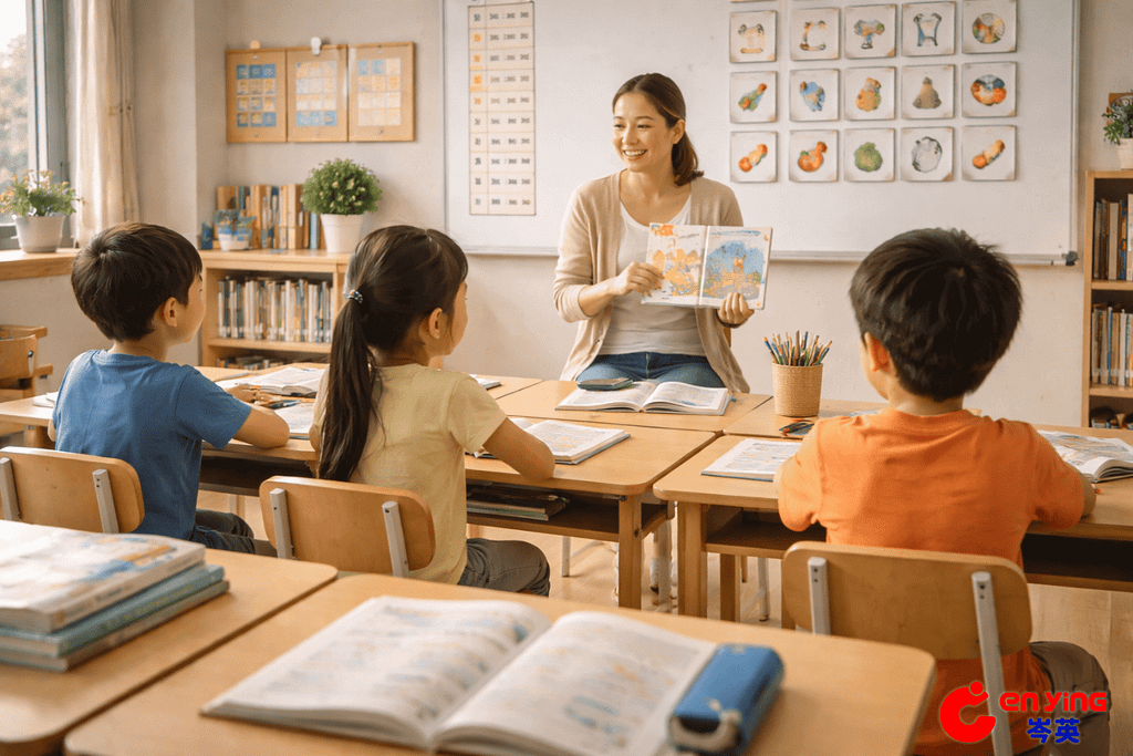 孩子在有架構的教室環境中平靜學習英文，展現穩定且有方向的學習狀態