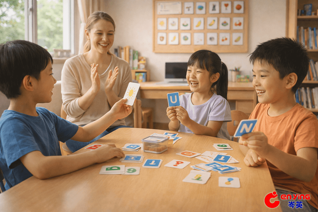 不同年齡的孩子在課堂中以遊戲方式學習英文，展現輕鬆且持續的學習狀態