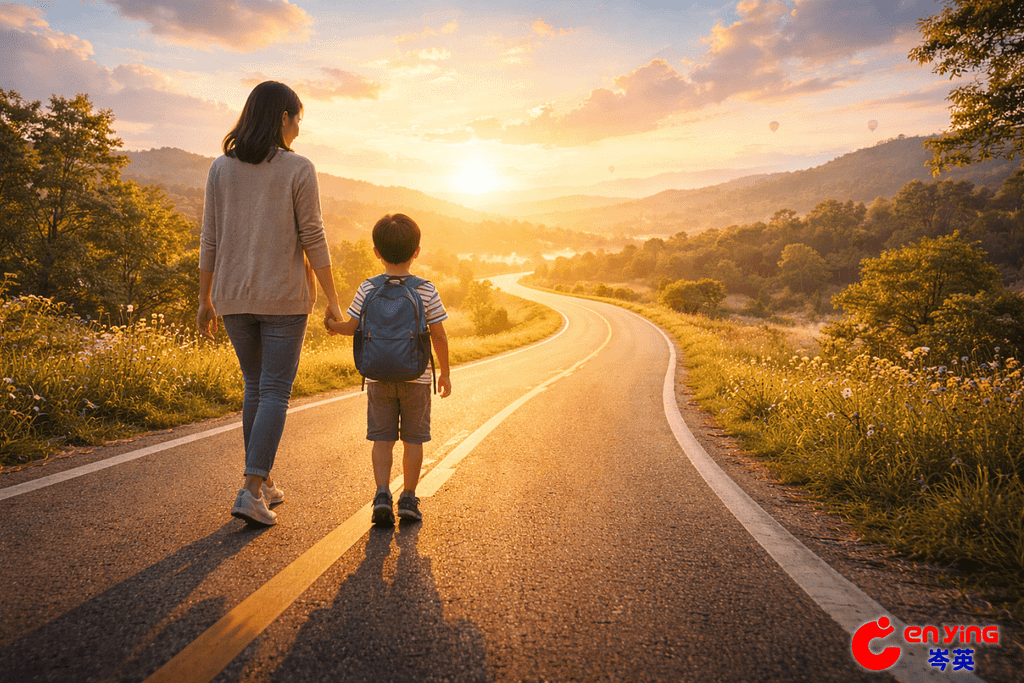 家長陪伴孩子走在象徵長期英文學習的道路上，強調穩定而非急迫的學習成長