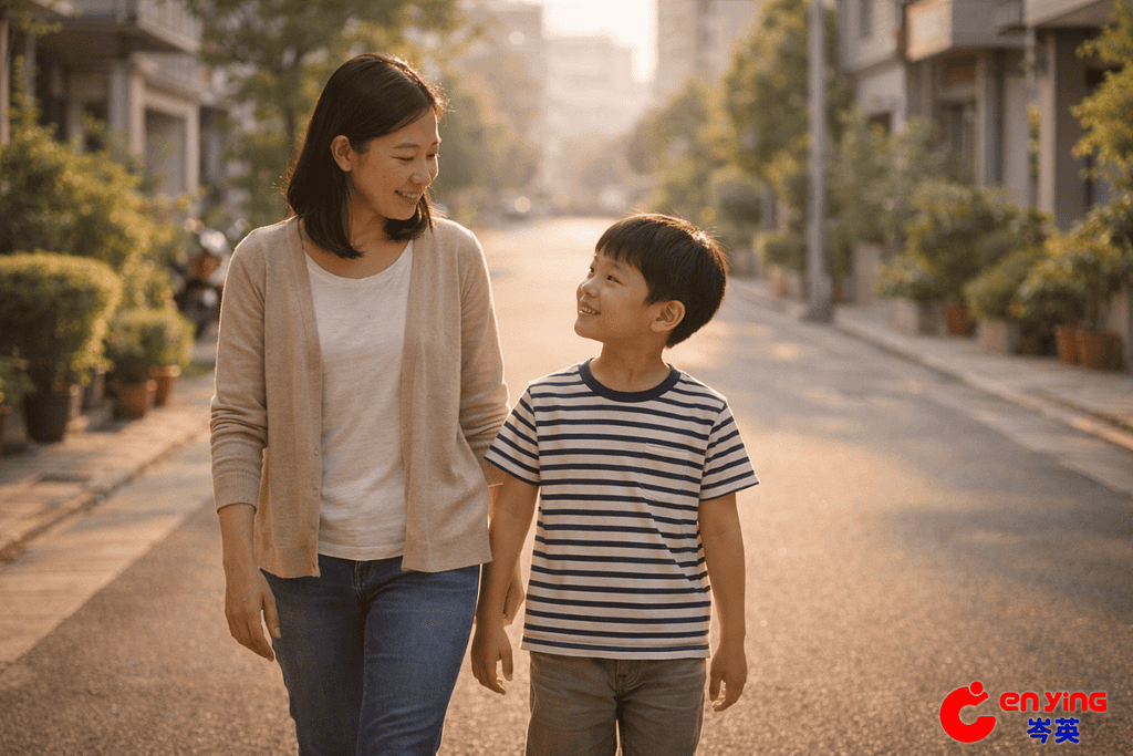 家長陪伴孩子走在日常街道上，象徵在英文學習過程中的引導與陪伴