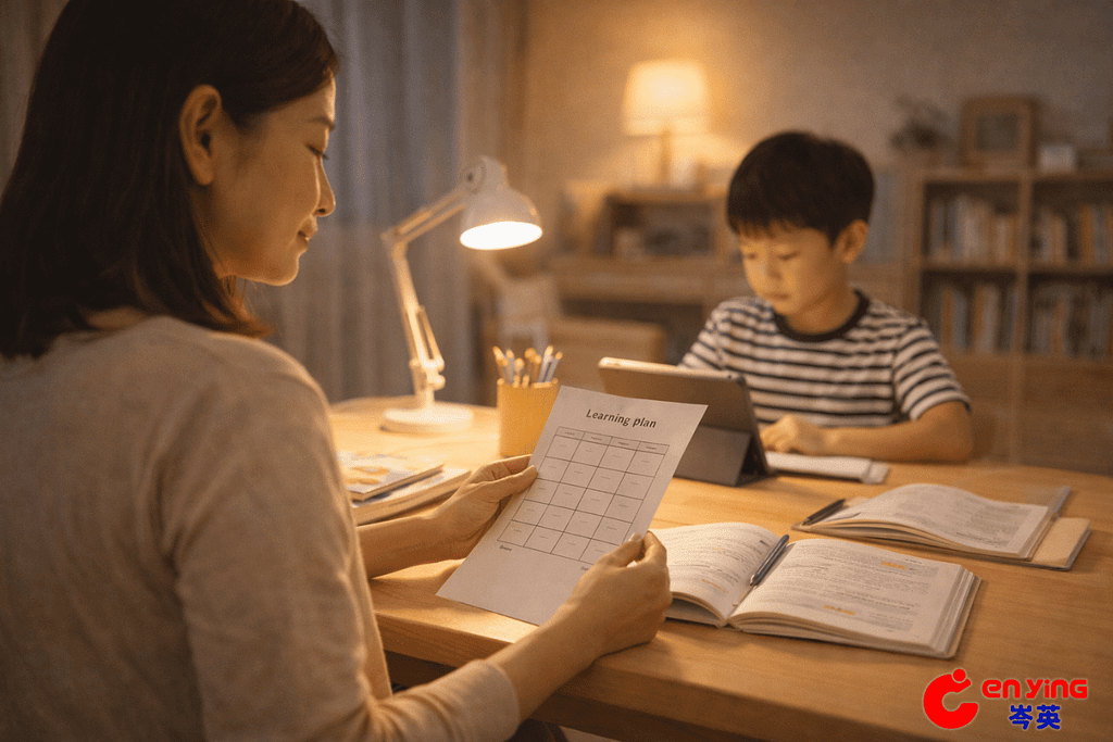 家長在家中檢視孩子的英文學習規劃，孩子在一旁安靜學習，呈現安心的學習節奏