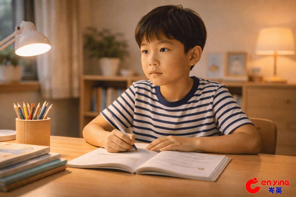 孩子在書桌前學習學校英文內容，神情略顯困惑，呈現學習遇到瓶頸的狀態