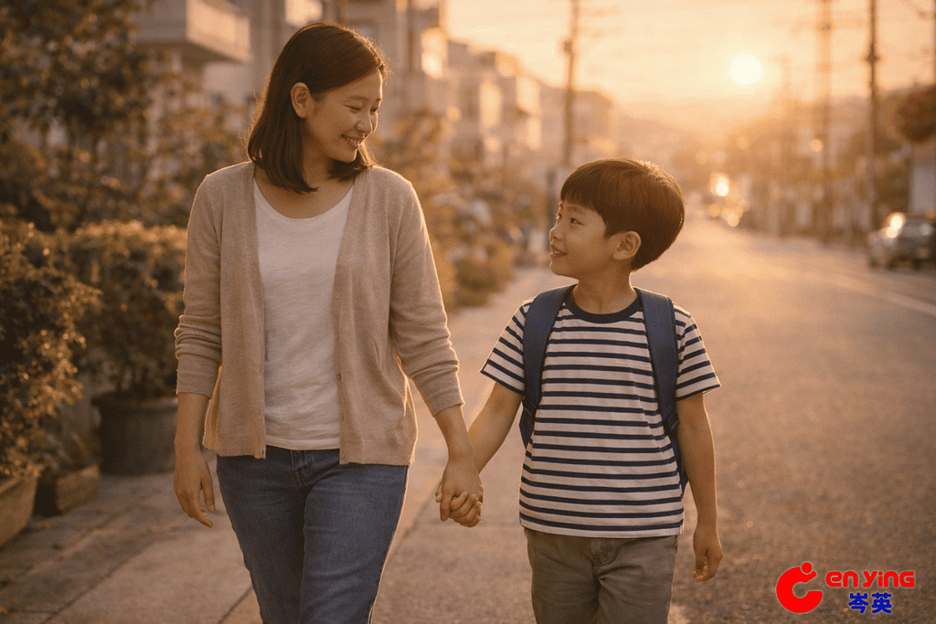 家長與孩子在放學後並肩行走，象徵英文學習中的陪伴與穩定前進
