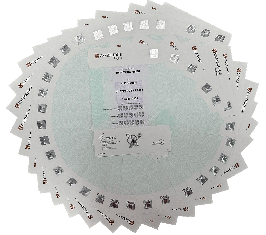 劍橋英語證書排列成圓形,展示 Pioneers 領航班學生在 Cambridge English 考試中的卓越成就。