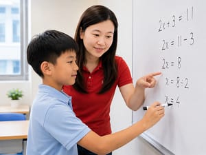 學生在老師協助下練習數學題目